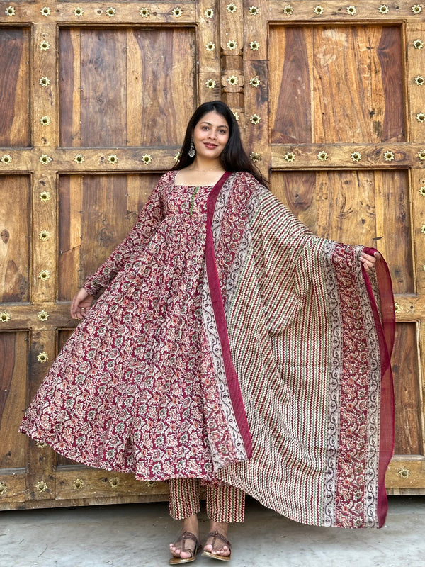 Maroon Kalamkari Flare Suit Set - Jonaya