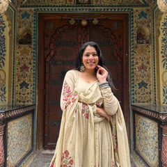 Beige Pink Handblock Anarkali