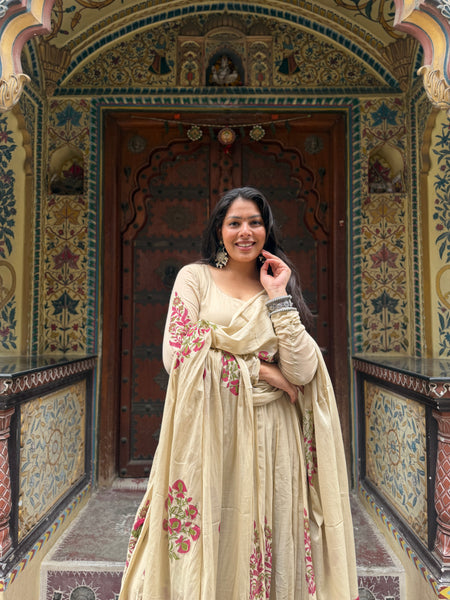 Beige Pink Handblock Anarkali