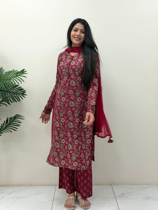 Maroon garden Straight suit set Jonaya