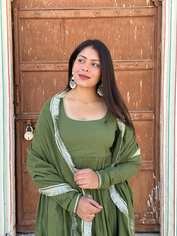 Pure Mul Cotton Mehndi Festive Flare Suit Set - Jonaya