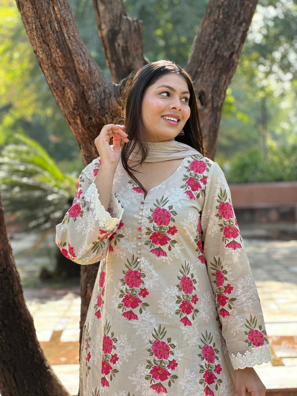 Perfect Beige Pakistani Straight Suit Set - Jonaya