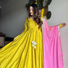 Festive green pink anarkali suit set Jonaya