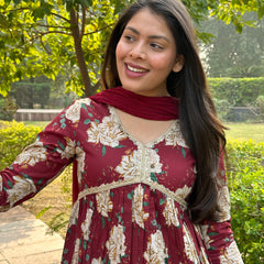 Maroon beige bliss cotton suit set - Jonaya