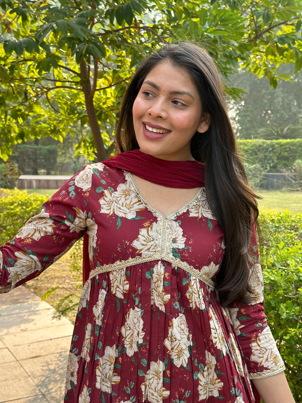 Maroon Beige Bliss Cotton Flare Suit Set - Jonaya