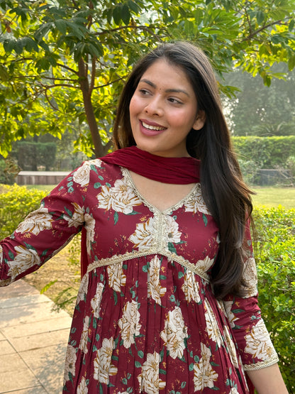 Maroon beige bliss cotton suit set