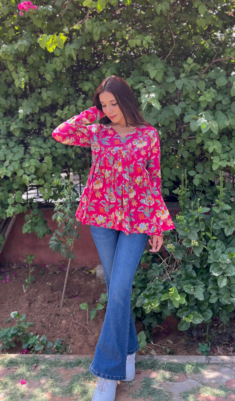 Pop Pink full sleeves peplum top - Jonaya