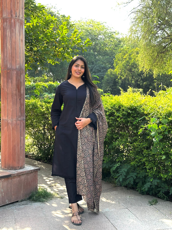 Black Office Solid Ajrakh Straight Suit Set - Jonaya