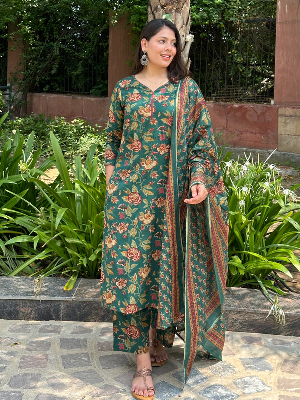 Green Maroon Floral Straight Suit Set - Jonaya