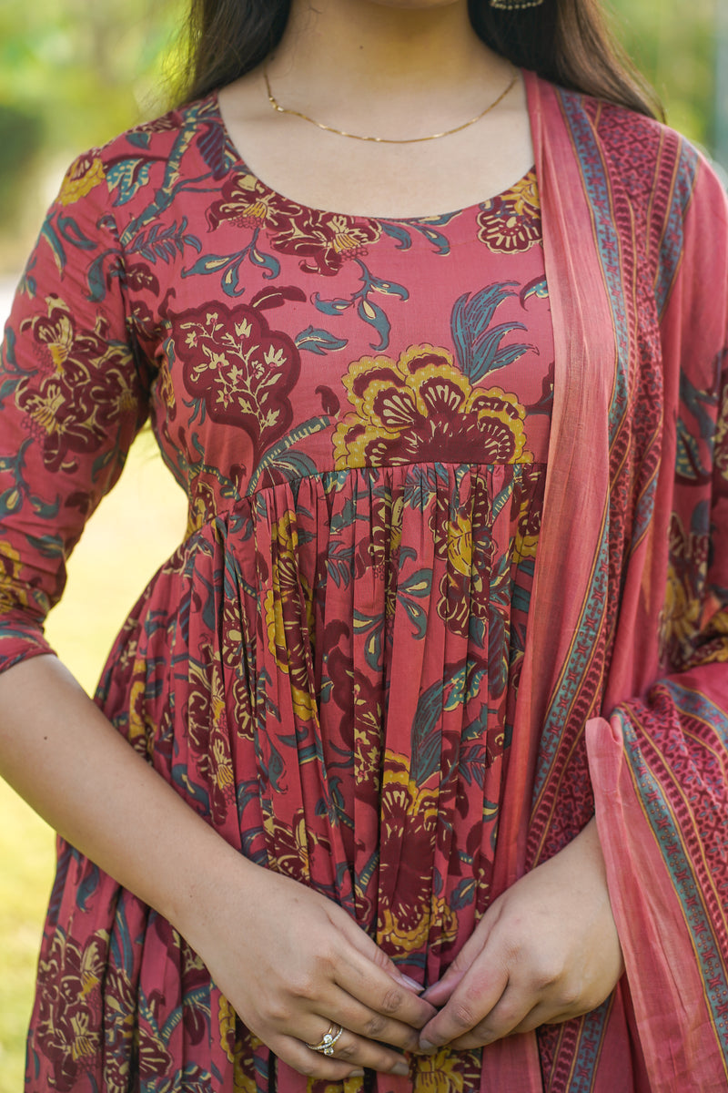 Peach Floral Anarkali suit set - Jonaya