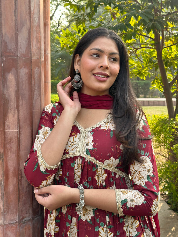 Maroon Beige Bliss Cotton Flare Suit Set - Jonaya