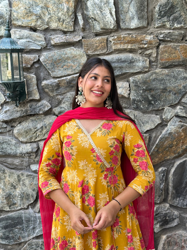 Yellow Pink Festive Anarkali Suit Set - Jonaya