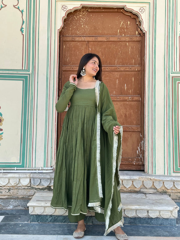 Pure Mul Cotton Mehndi Festive Flare Suit Set - Jonaya