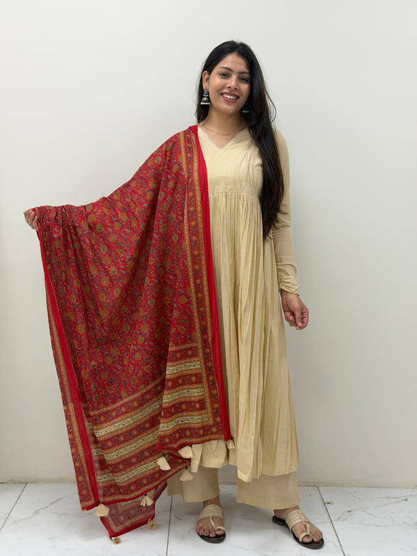 Red beige kalamkari solid flare suit set Jonaya