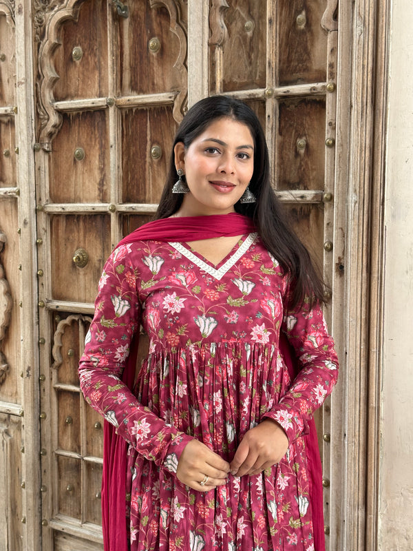 Rosewood Anarkali Lace Flare Suit Set - Jonaya