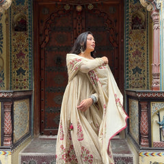 Beige Pink Handblock Anarkali