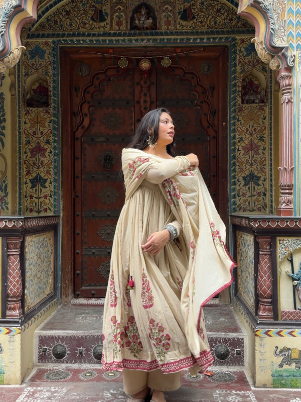 Beige Pink Handblock Anarkali