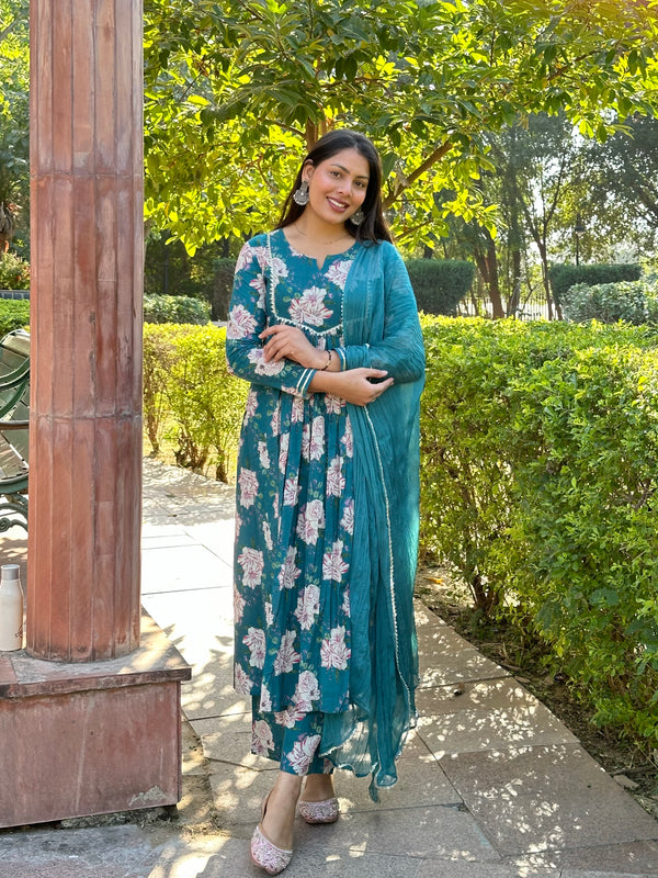 Rama Green Floral Flare Suit Set - Jonaya