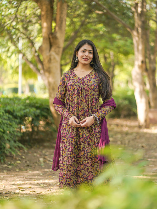 Wine Printed Floral Aliacut Suit Set - Jonaya