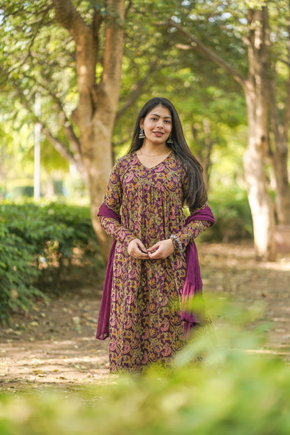 Wine printed floral suit set