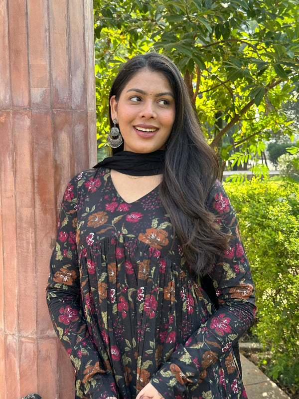 Black Floral Aliacut Suit Set - Jonaya