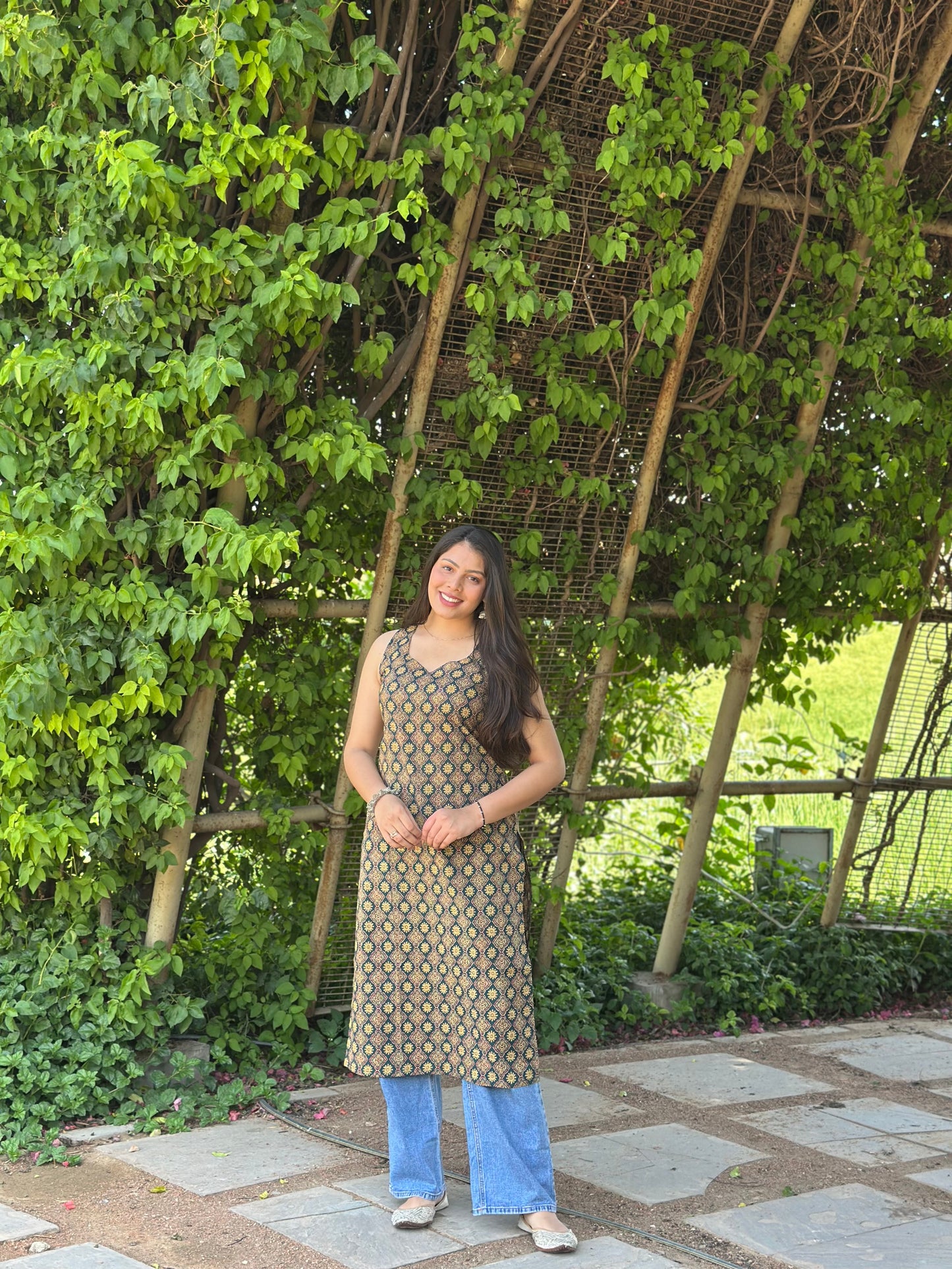 Green Ajrakh booti Straight kameez