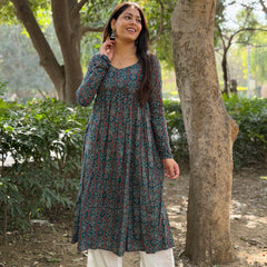 Teal Ajrakh flare kameez Jonaya