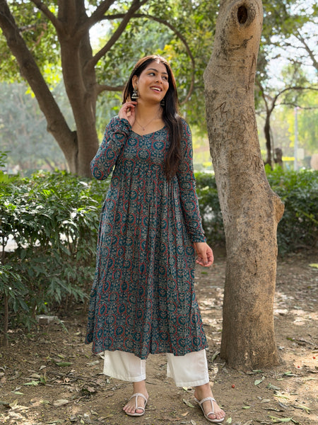 Teal Ajrakh flare kameez Jonaya