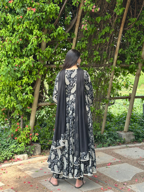 Flory Black Grey Paisley Lace Anarkali Suit Set - Jonaya