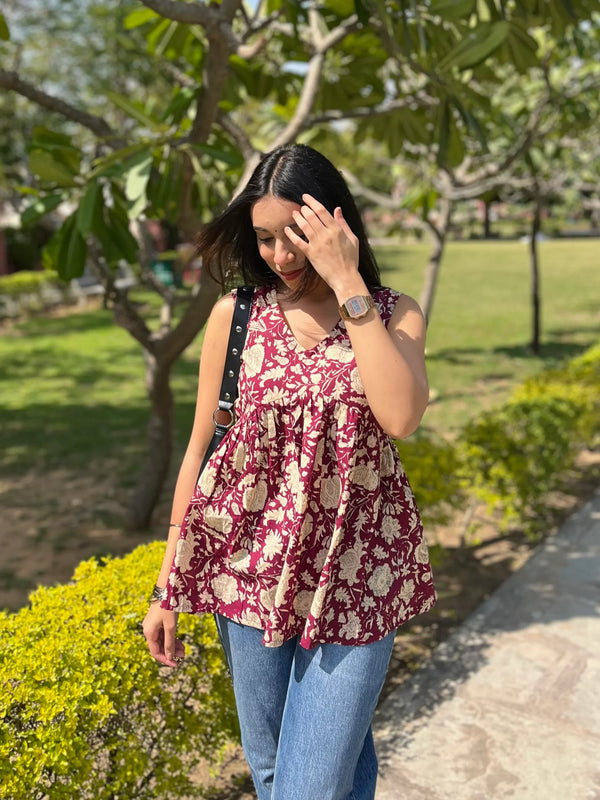 Floral wine peplum top - Jonaya