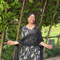 Flory black grey paisley lace Anarkali suit set - Jonaya