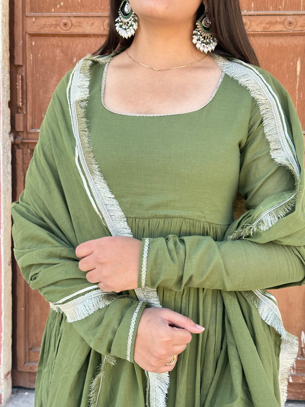 Pure Mul Cotton Mehndi Festive Flare Suit Set - Jonaya