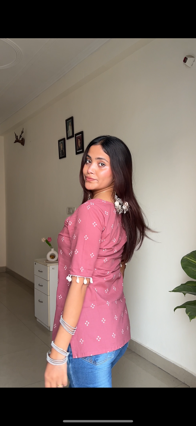 Pink bhandej shells cotton straight kurti Jonaya