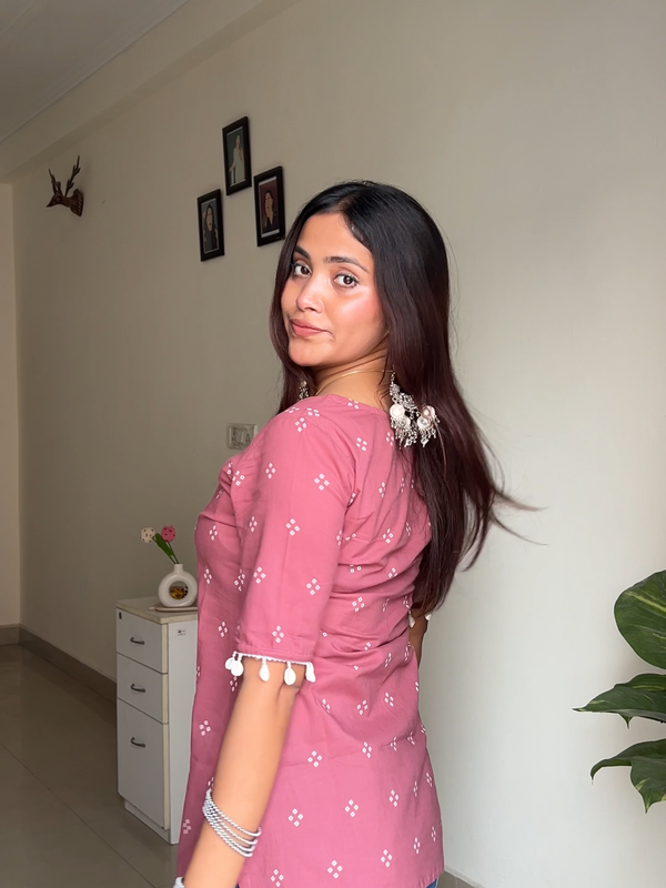 Pink Bhandej Shells Cotton Straight Kurti - Jonaya