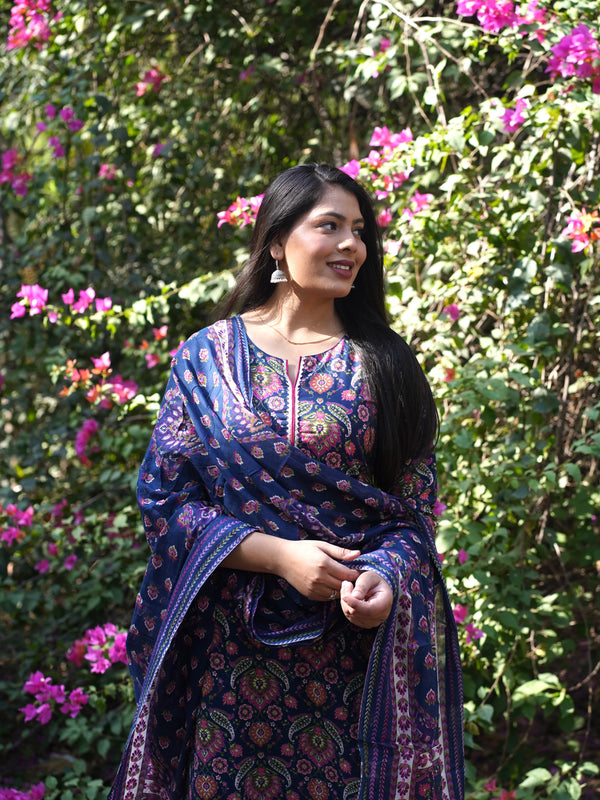 Blue Pink Floral Straight Suit Set - Jonaya