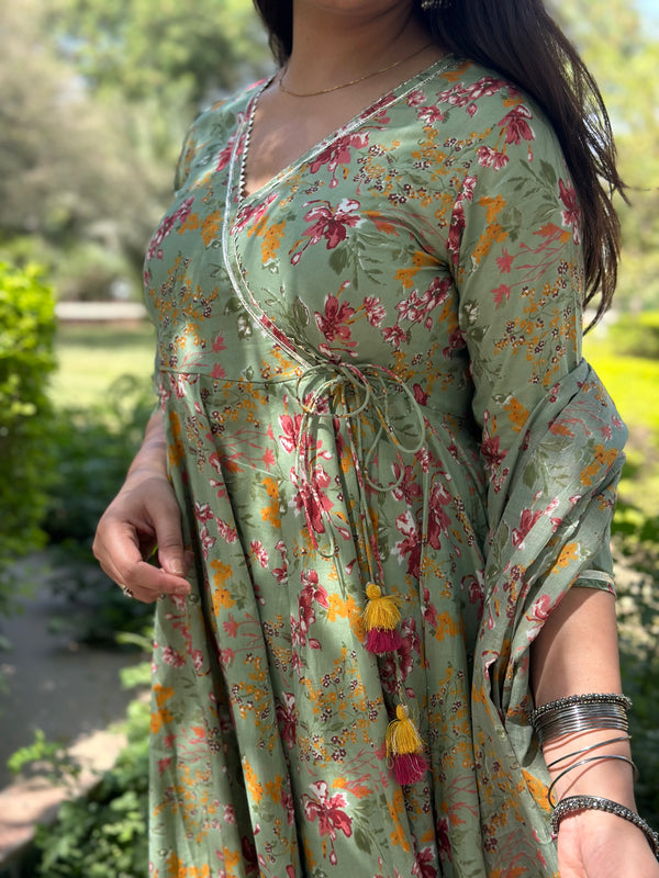 Pista Green Angrakha Gota Lace Anarkali Suit Set - Jonaya