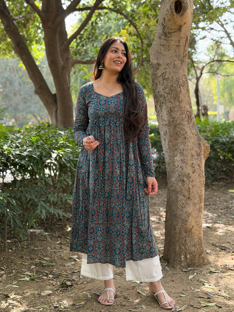 Teal Ajrakh flare kameez Jonaya