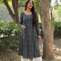 Teal Ajrakh flare kameez Jonaya