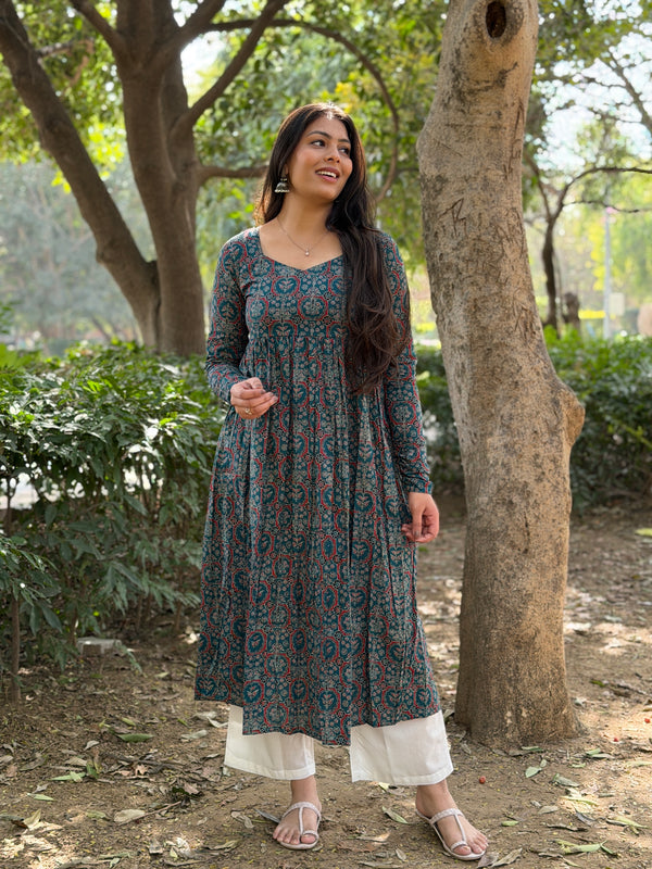 Teal Ajrakh flare kameez Jonaya