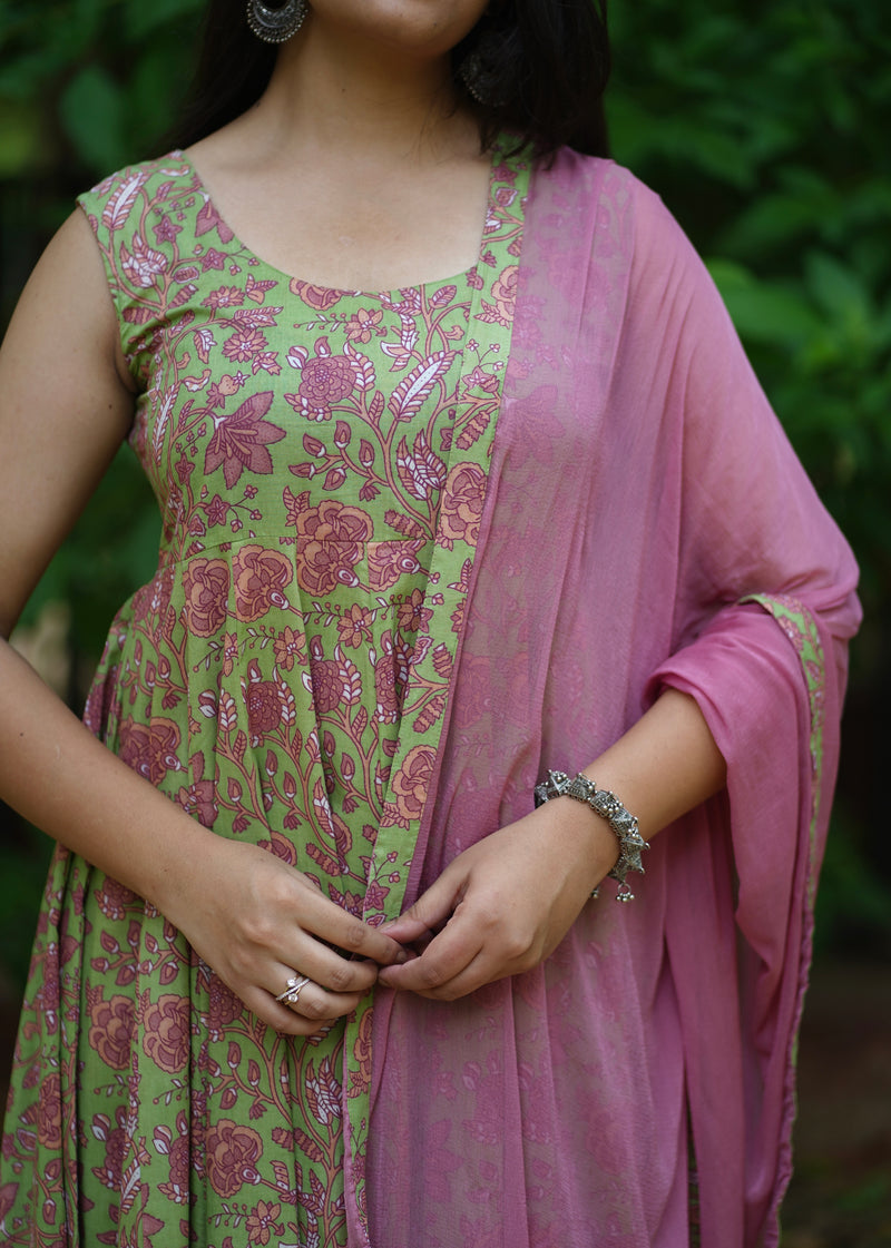 Green Purple floral Anarkali set - Jonaya