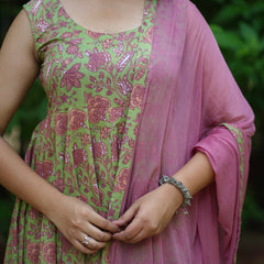 Green Purple floral Anarkali set - Jonaya