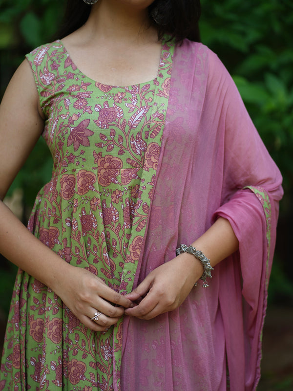 Green Purple floral Anarkali set - Jonaya
