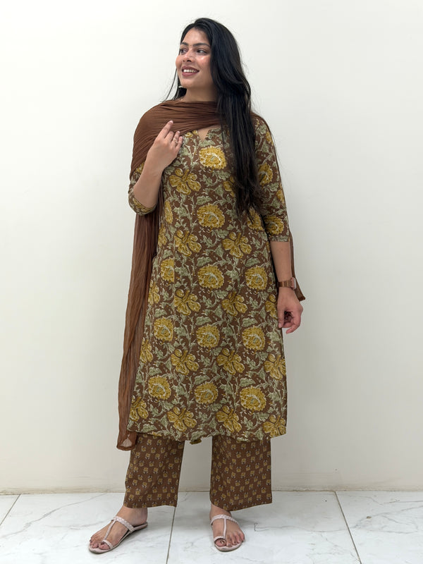 Pastel brown mustard straight suit set Jonaya