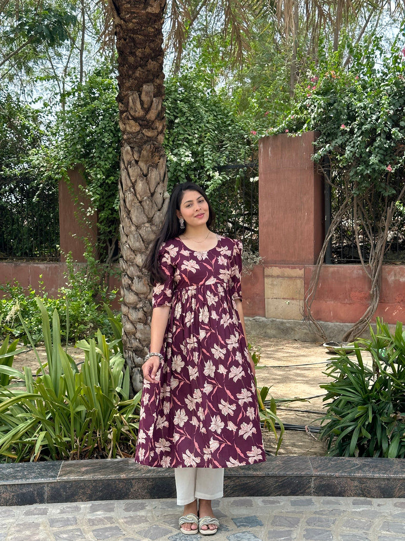 Floral wine printed kameez - Jonaya