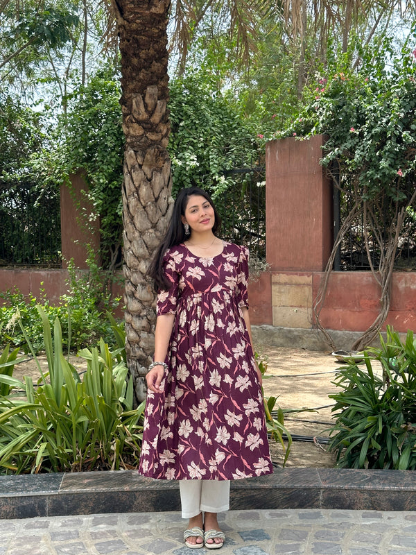Floral Wine Printed Kameez - Jonaya