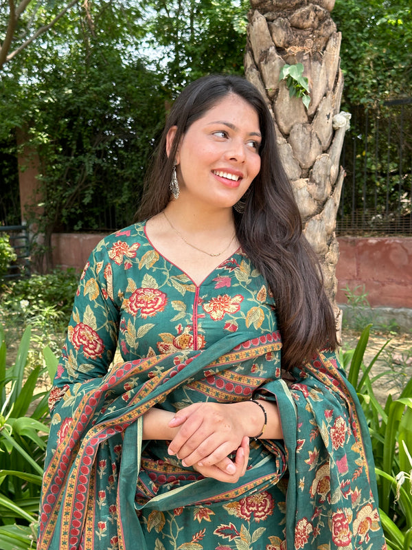 Green Maroon Floral Straight Suit Set - Jonaya