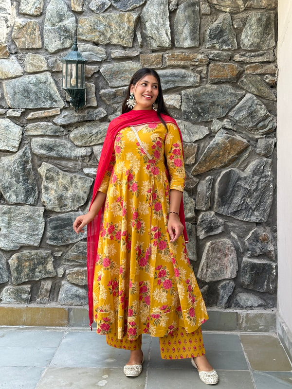 Yellow Pink Festive Anarkali Suit Set - Jonaya