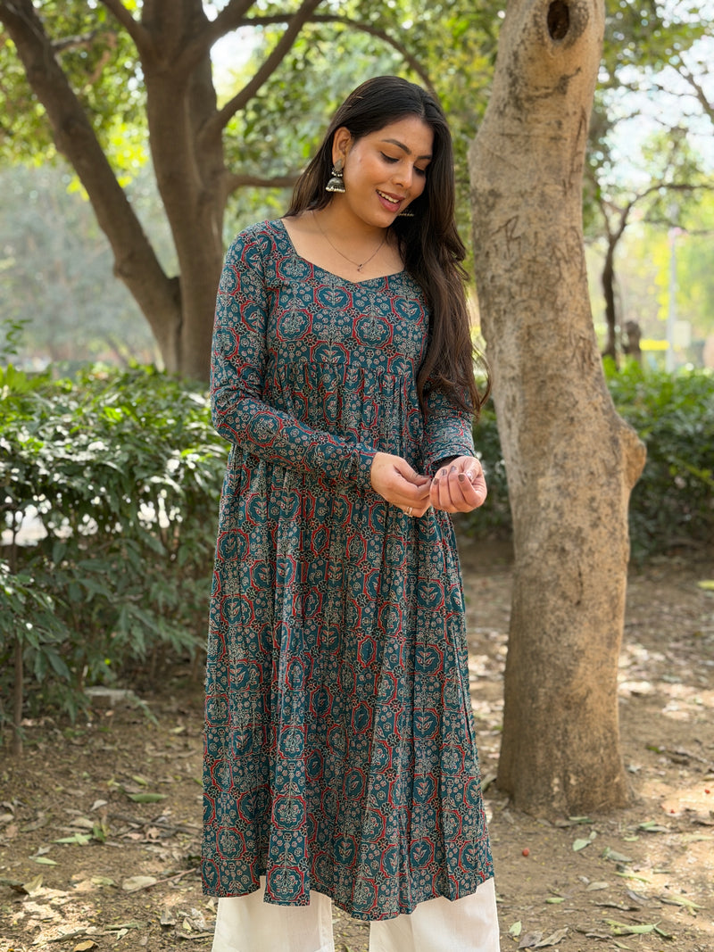 Teal Ajrakh flare kameez Jonaya
