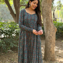 Teal Ajrakh flare kameez Jonaya