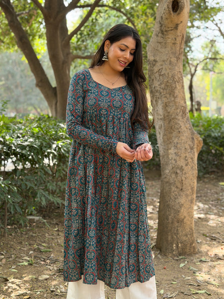 Teal Ajrakh flare kameez Jonaya